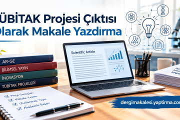 Desk scene with stacked science books (AR-GE, Bilimsel Yayın, İnovasyon, TÜBİTAK Projeleri), open laptop showing a 'Scientific Article', and a blue banner with the site dergimakalesi.yaptirma.com.tr in the corner.