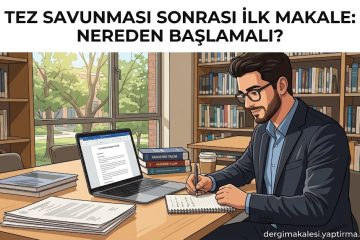 Tez savunmasından sonra kütüphanede masa başında laptopa yazı yazan ve not alan bir akademisyen.