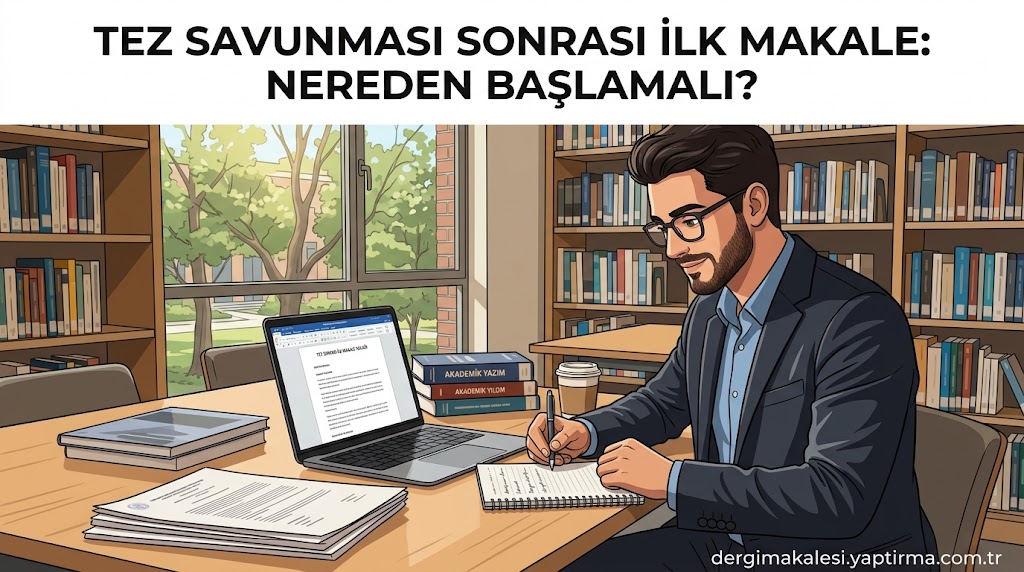 Tez savunmasından sonra kütüphanede masa başında laptopa yazı yazan ve not alan bir akademisyen.