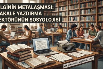 Group of students studying in a library around a table with a laptop, a vintage typewriter, and stacks of sociology books; banner with Turkish title reads 'Bilginin Metalaşması: Makale Yazdırma Sektörünün Sosyolojisi'