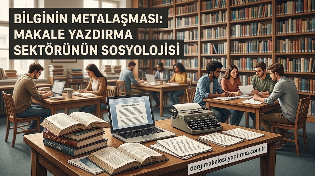 Group of students studying in a library around a table with a laptop, a vintage typewriter, and stacks of sociology books; banner with Turkish title reads 'Bilginin Metalaşması: Makale Yazdırma Sektörünün Sosyolojisi'