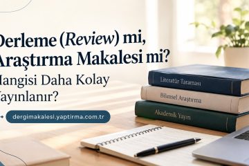 Derleme mı, Araştırma Makalesi mi? Hangisi Daha Kolay Yayınlanır? yazılı afiş ve masada kitaplar ile dizüstü bilgisayar görüntüsü.