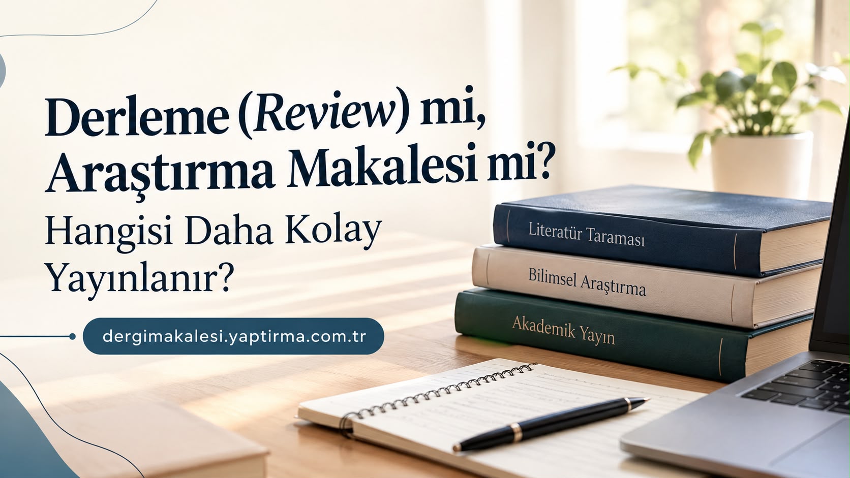 Derleme mı, Araştırma Makalesi mi? Hangisi Daha Kolay Yayınlanır? yazılı afiş ve masada kitaplar ile dizüstü bilgisayar görüntüsü.