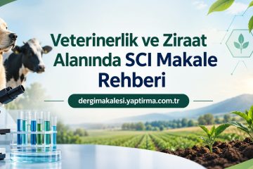 Banner showing a dog and cat beside a microscope and test tubes, with a farm landscape in the background and Turkish text about a veterinary and agriculture SCI article guide.